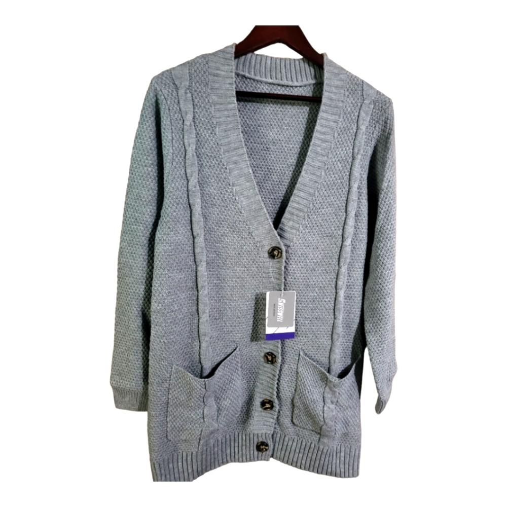 Women sweater cardigan open front button and pockets NEW